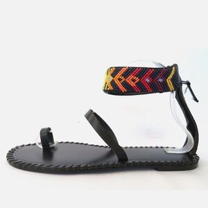 ZARA Black Leather Ethnic Beaded Ankle Strap Toe Loop Flat Sandals